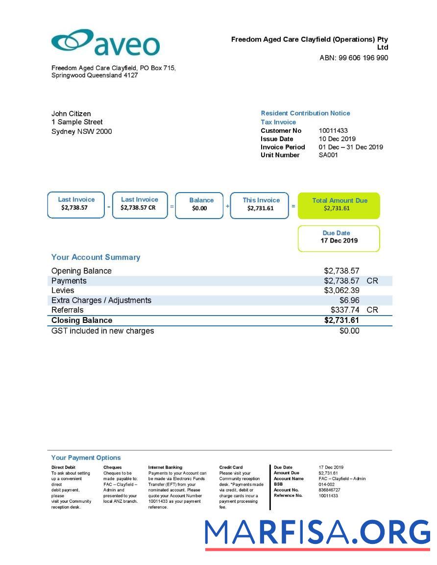 Blank Australia Aveo bank statement 1 page sample